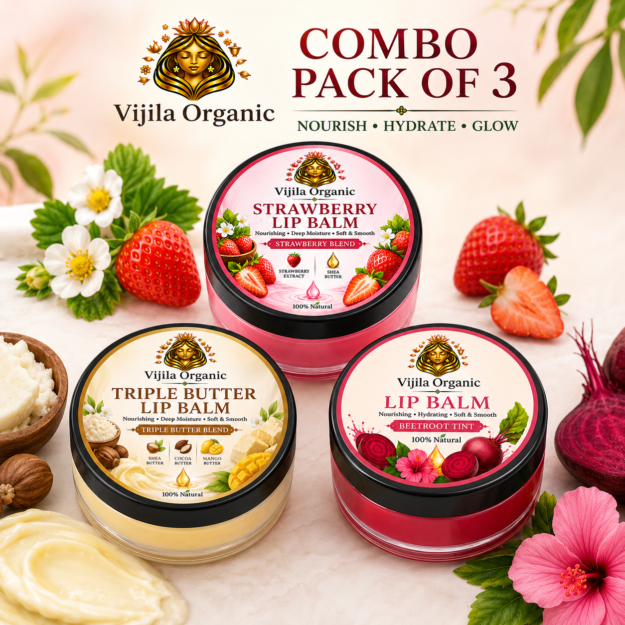 Lip Balm Combo Pack of 3 - Strawberry + Triple Butter + Beetroot Tint