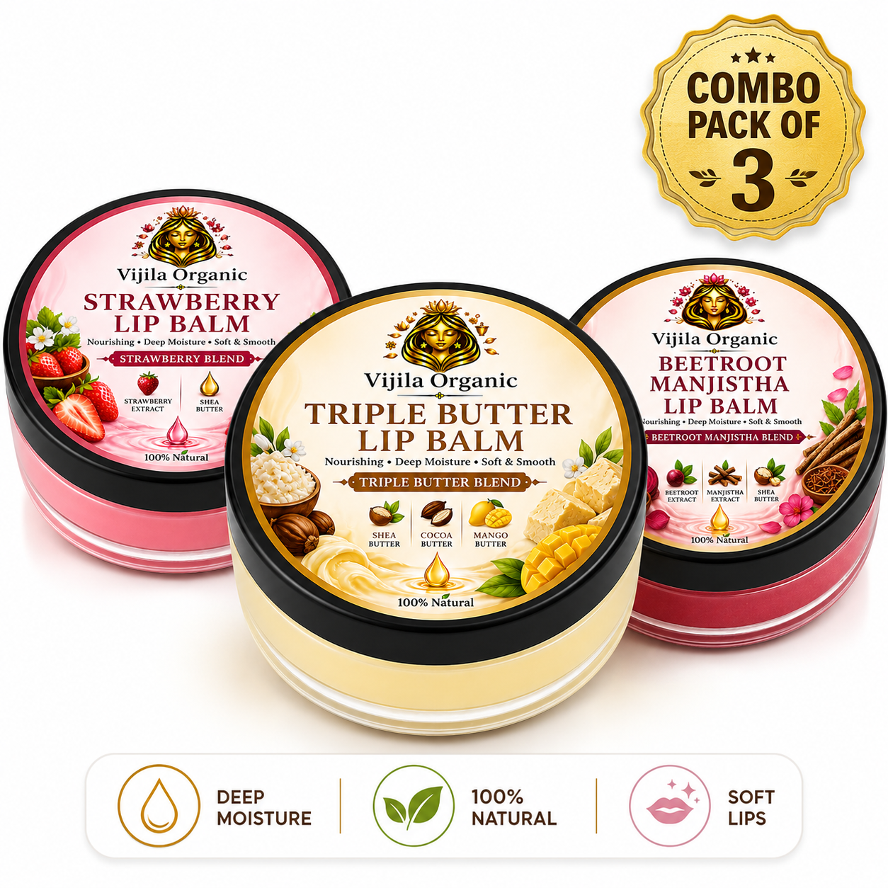 Lip Balm Combo Pack Of 3 - Strawberry + Triple Butter + Beetroot Manjistha