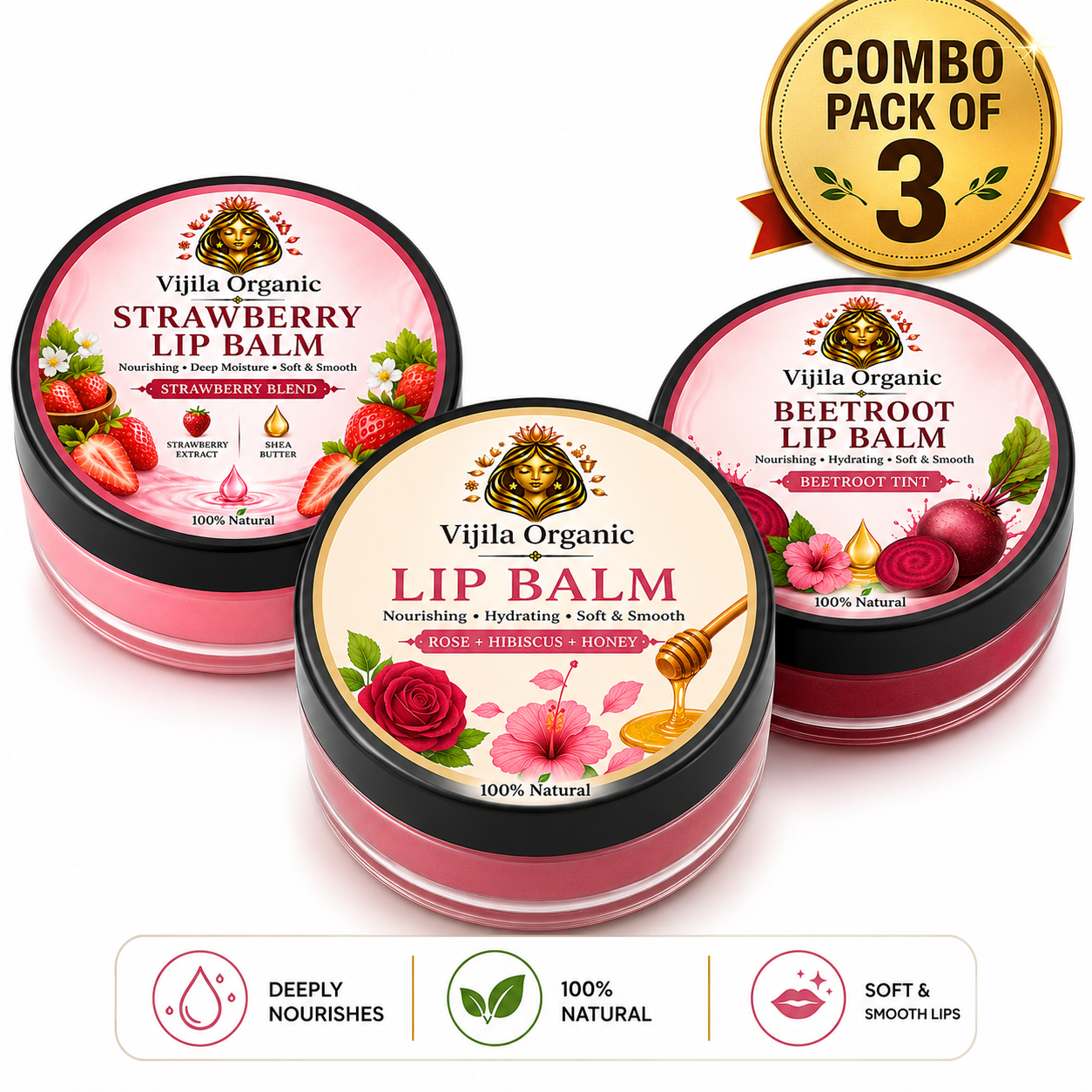 Lip Balm Combo Pack Of 3 - Strawberry + Rose Honey + Beetroot Tint